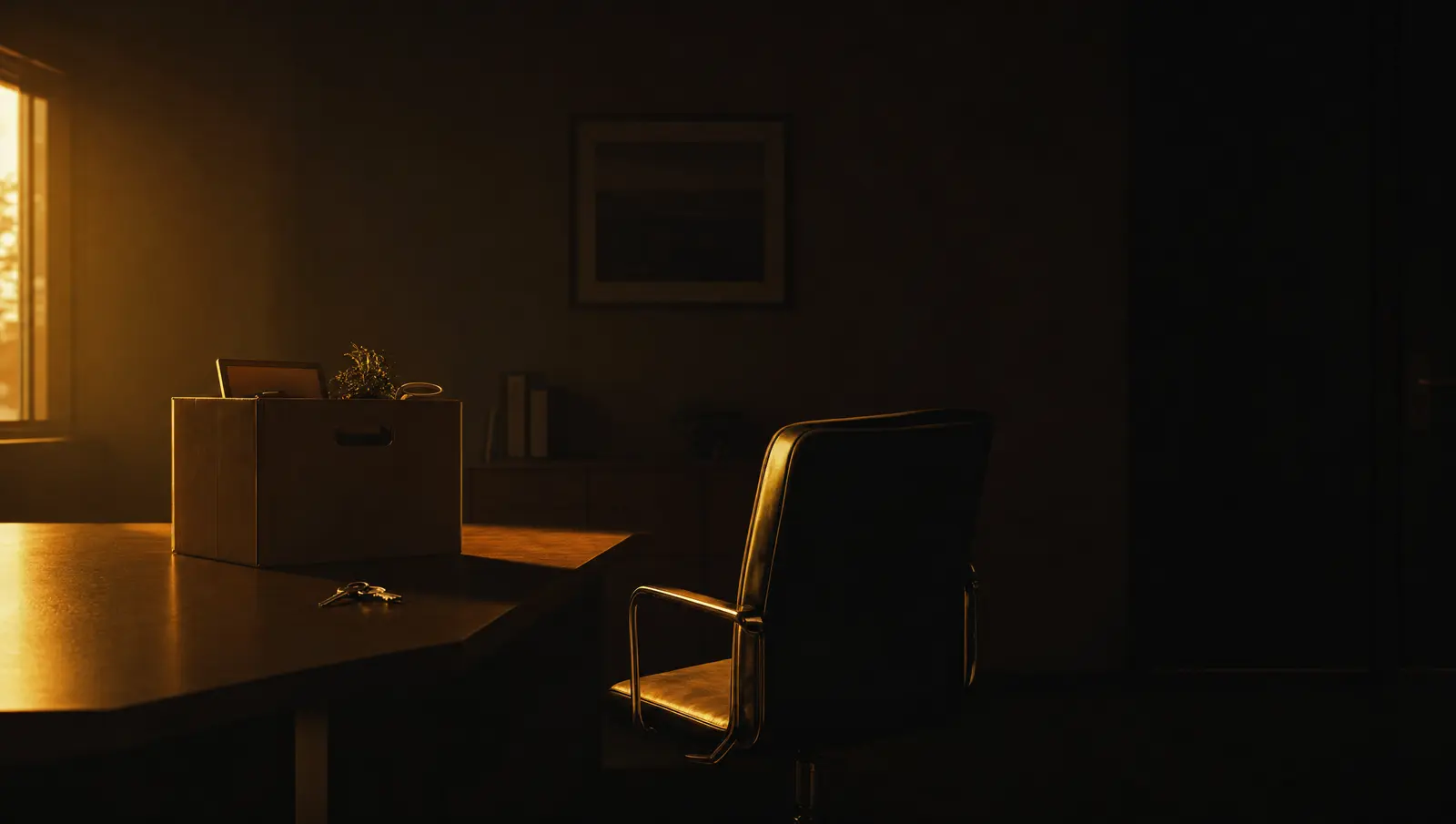 Bureau met documenten in strijklicht, warm goudkleurig accent