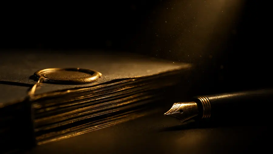Close-up van een gestempeld document met een vulpen, warm goudkleurig licht