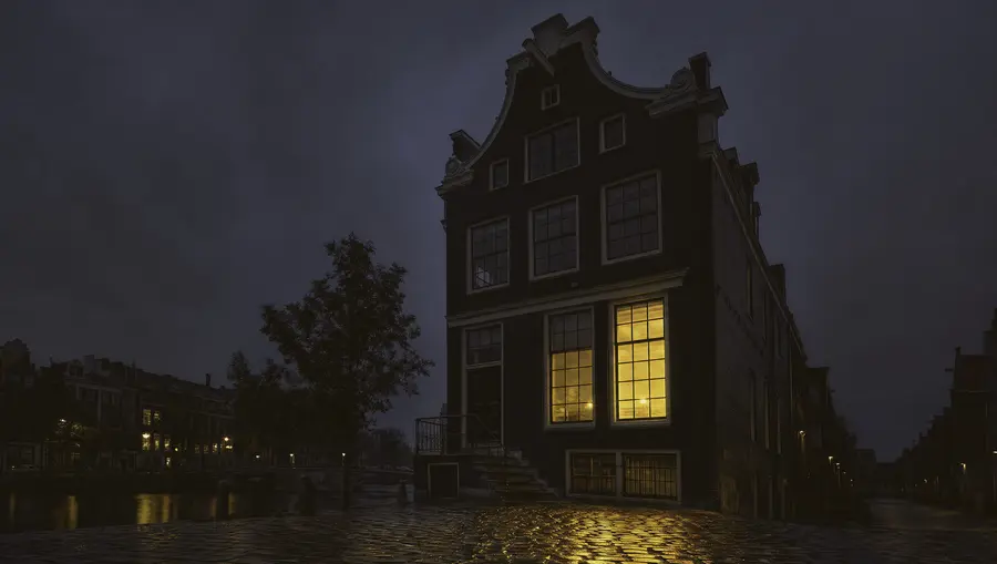 Architectonisch detail van een gevel bij avond met warm goudkleurig licht