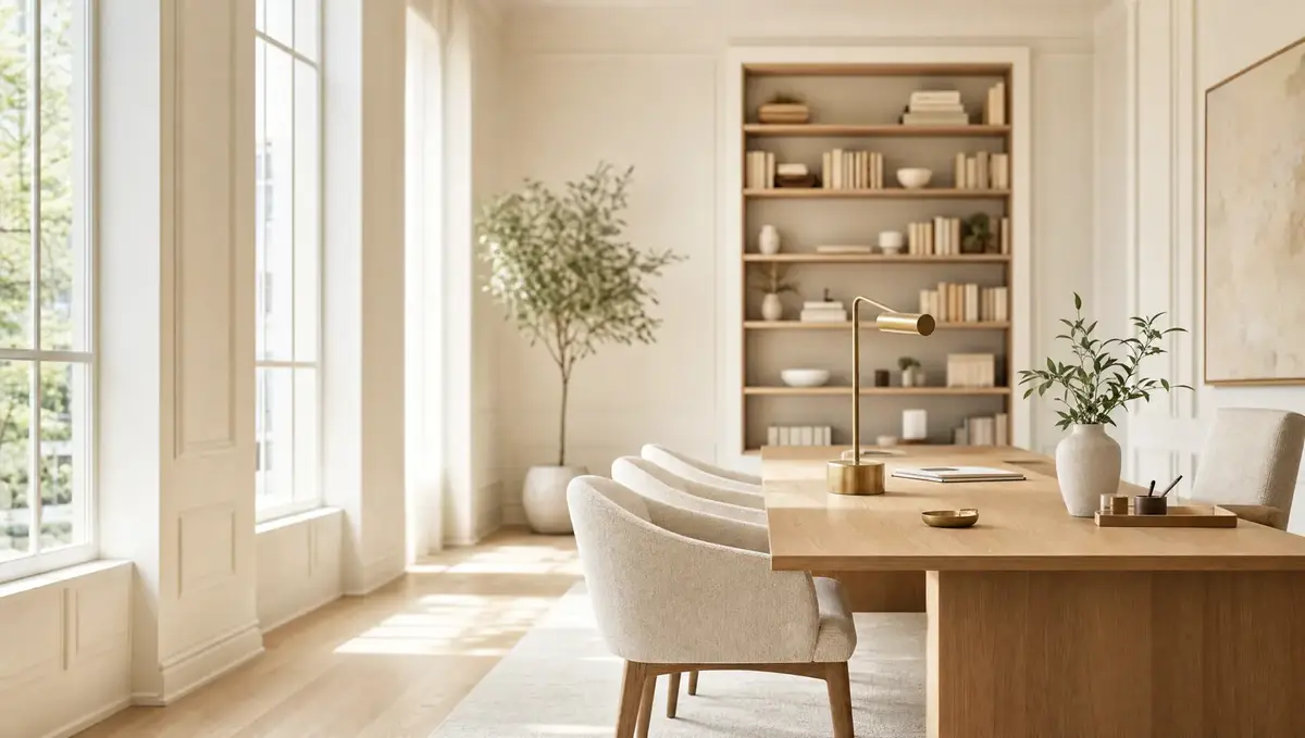 Licht kantoorinterieur met hoge ramen en een houten vergadertafel